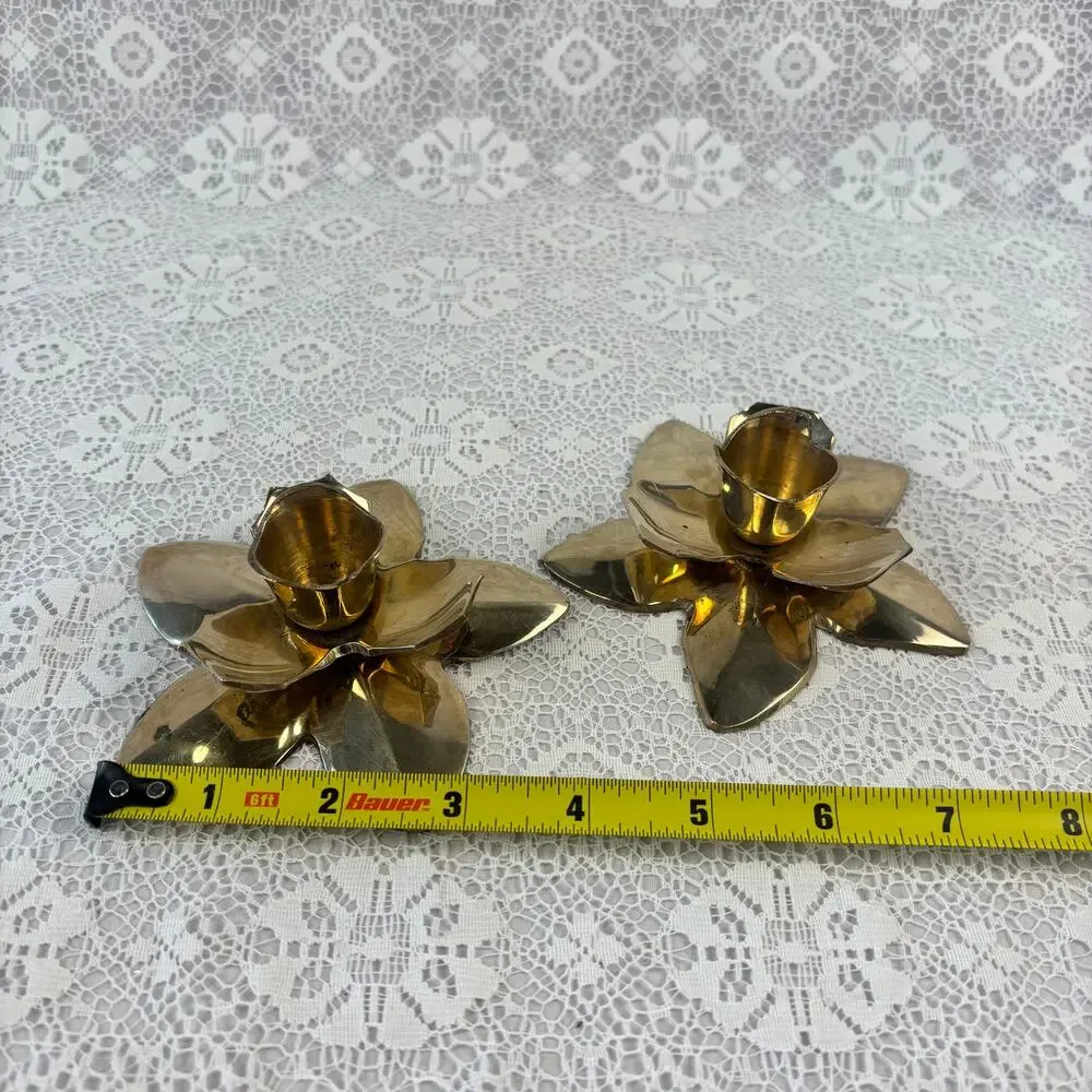 Vintage Brass Lotus Flower Taper Candle Holders Pair Made in India
